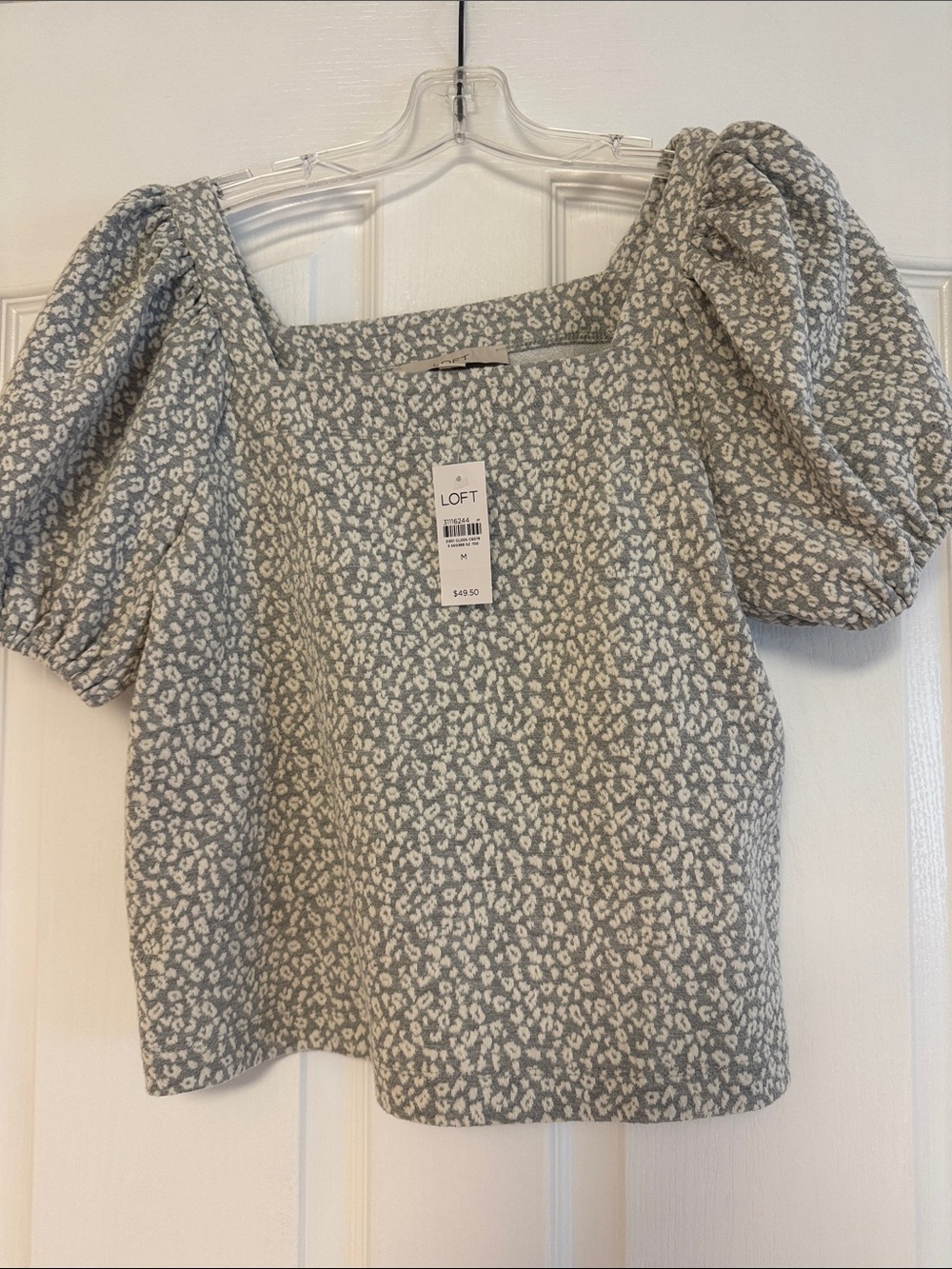 LOFT Gray Floral Puff Sleeve Square Neck Top